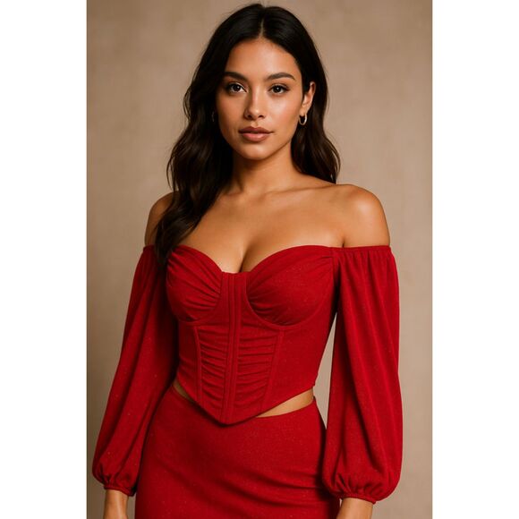 Windsor Women’s Size L Red Glitter Off Shoulder Corset Bustier Long Sleeve NWT - Picture 4 of 14